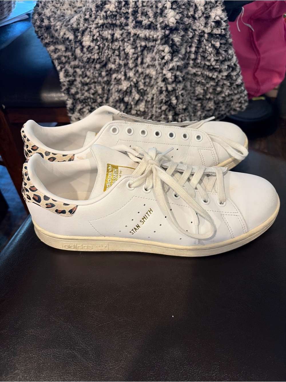 adidas Stan Smith White Leather Sneakers with Leopard Heal and Gold Tongue Patch